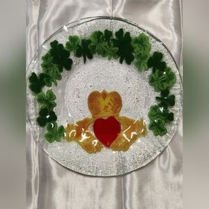 Fused Art Glass 8.5" Irish Claddagh Shamrock Plate Dish Trinket